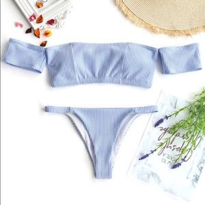 blue and white striped off the shoulder bikini set